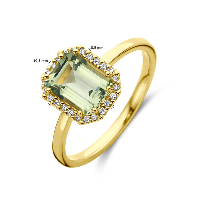 ring groen amethist en diamant 0.10ct h si halo 14K geelgoud