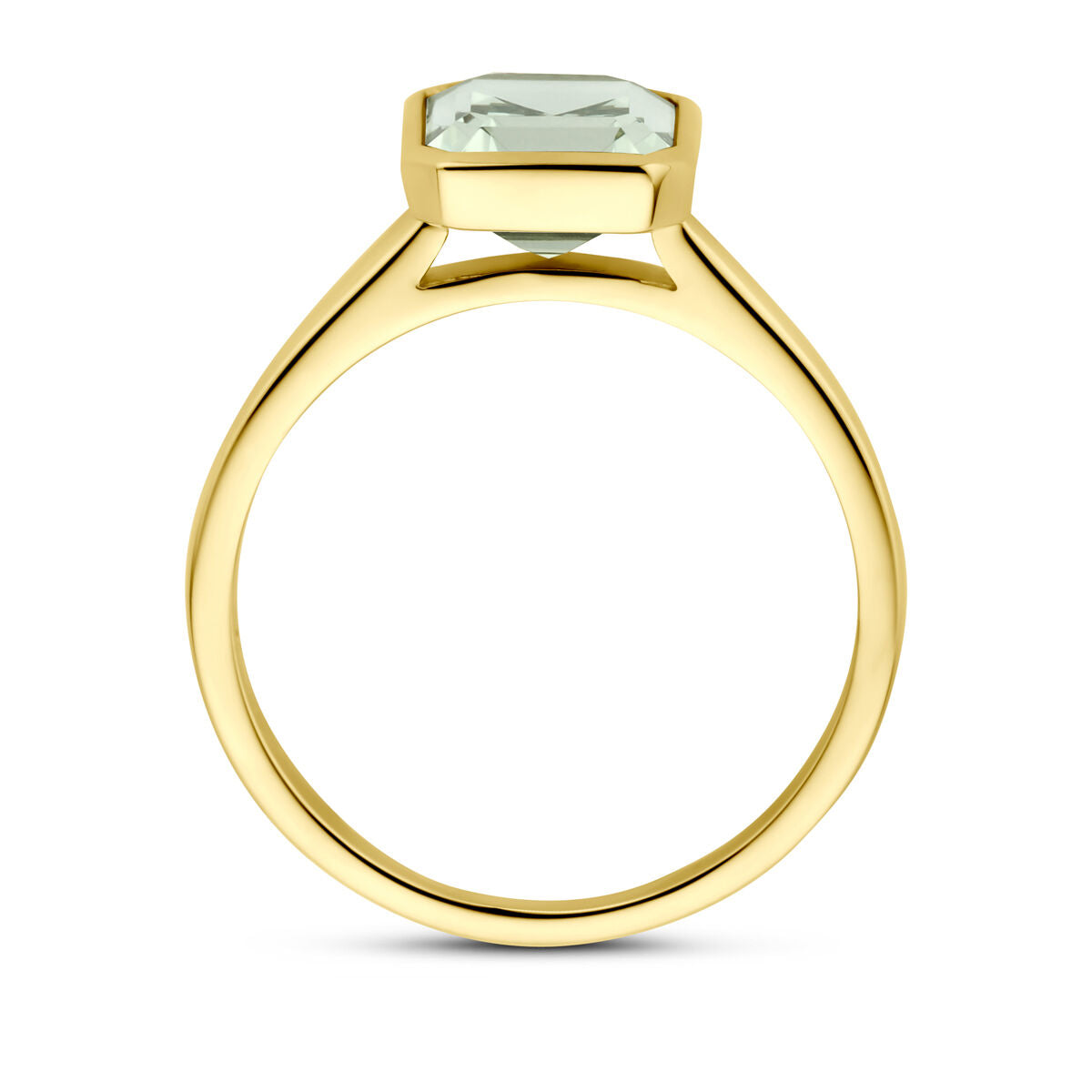 De Van der Kooij Collectie ring groen amethist 14K geelgoud heeft een eenvoudige, dunne geelgouden band met een rechthoekige groene amethist in een moderne bezelzetting, van de zijkant afgebeeld op de afbeelding.