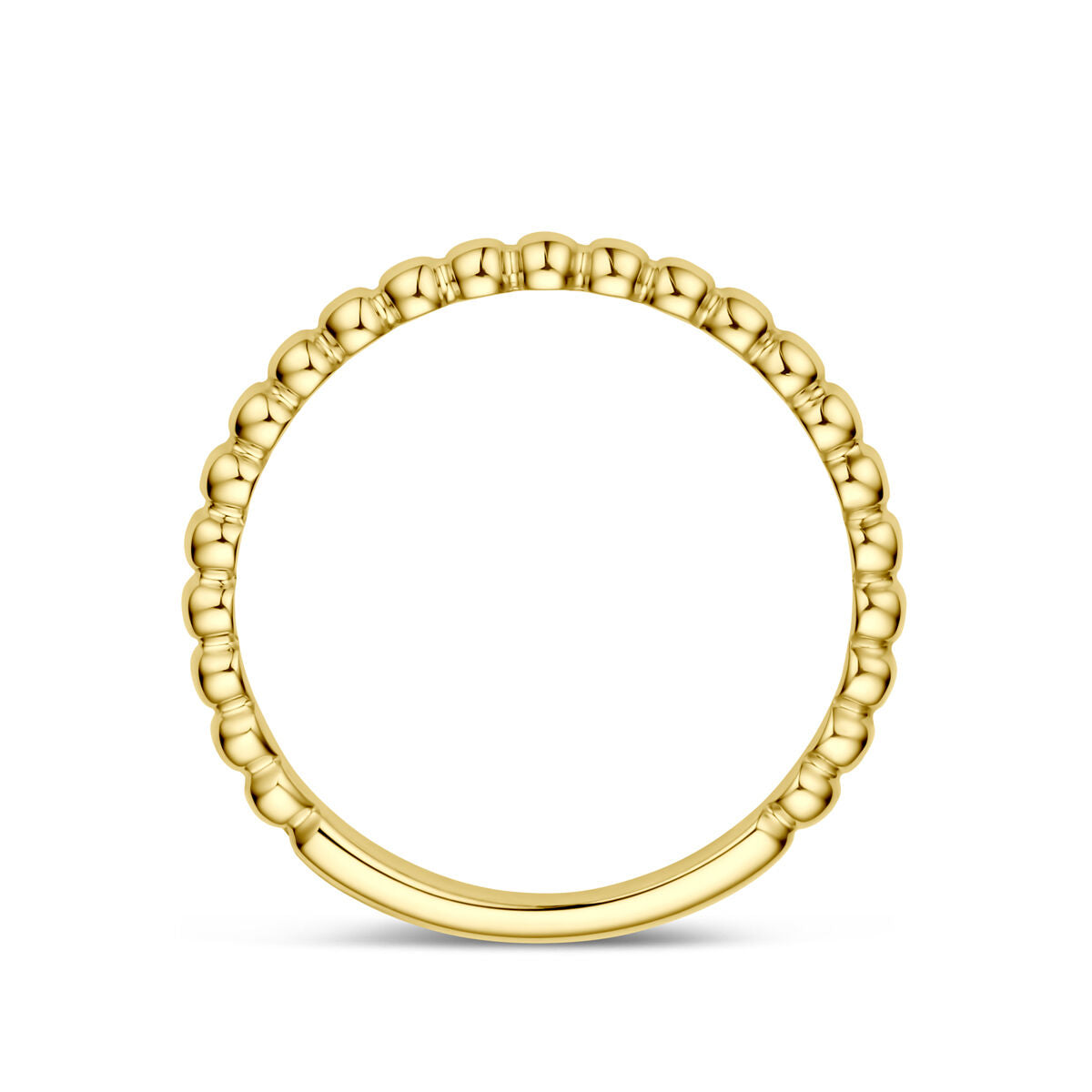 De ring 14K geelgoud van Van der Kooij Collectie heeft een gladde onderkant en een kralen bovenkant, afgebeeld op een witte achtergrond.