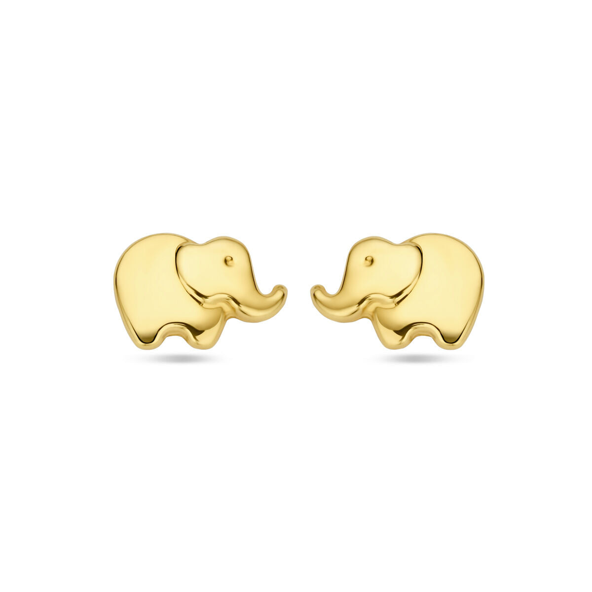 Oorknoppen in de vorm van een olifant, gemaakt van 14K geelgoud, met een afmeting van 5 mm.