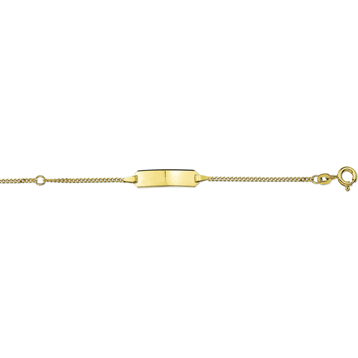 Een geelgouden unisex kinderarmband uit de Van der Kooij Collectie, model graveerarmband gourmet plaat 5 mm, lengte 9-11 cm, met een dunne ketting, rechthoekige graveerplaat en veerringsluiting.