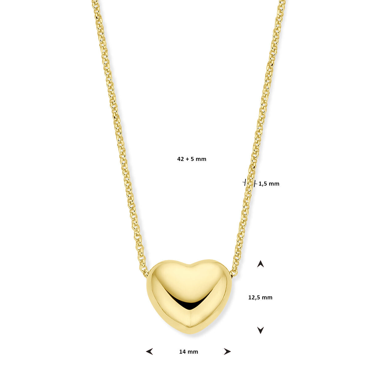 necklace heart 1.5 mm 42 + 5 cm 3 micron silver gold plated (yellow)