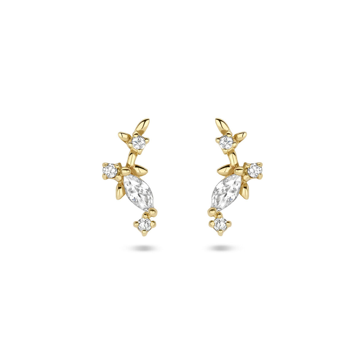 Oorknoppen van 14K geelgoud met zirkonia, in een bloemvormige opstelling met marquise en ronde steentjes.