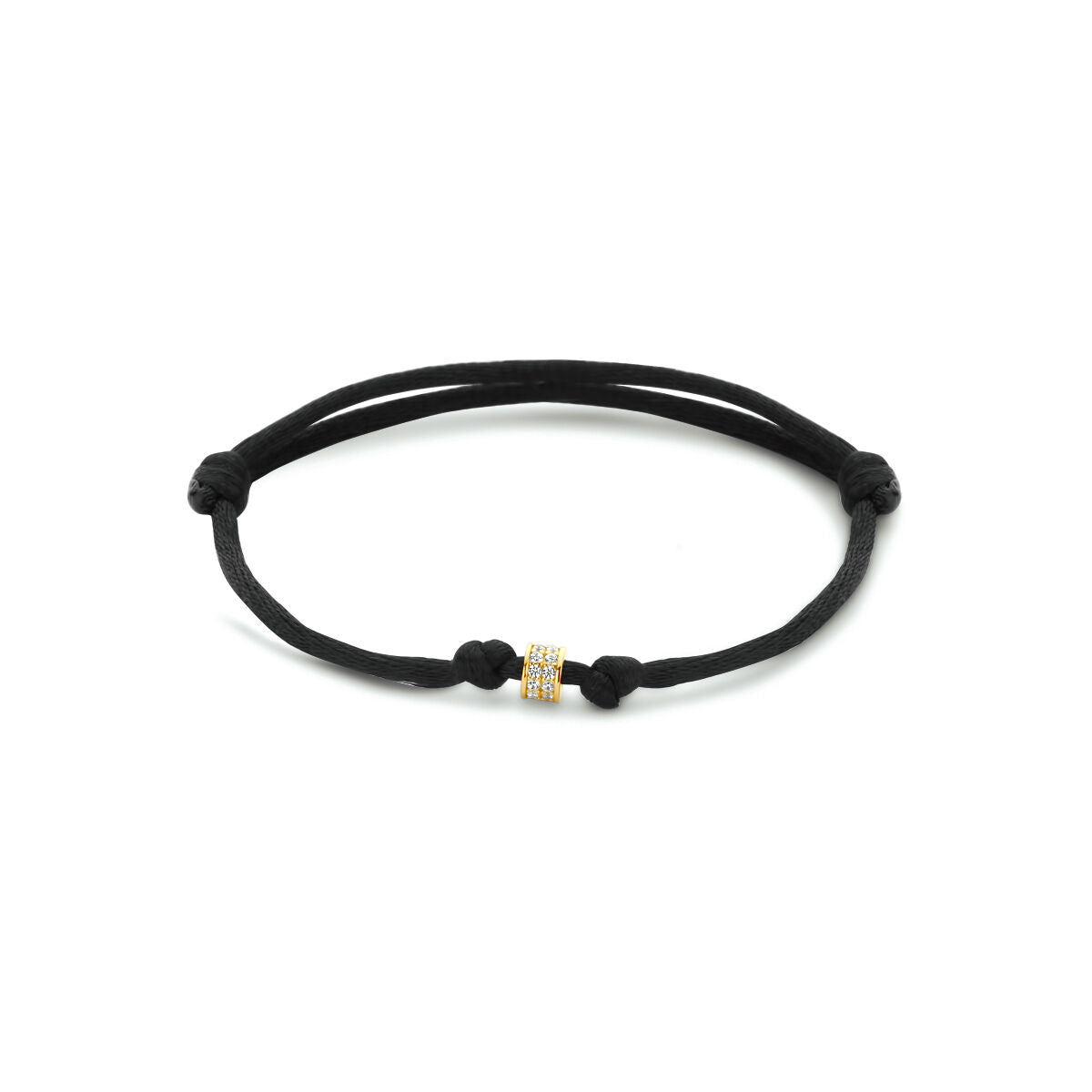 Armband van satijn met 14K gouden detail, gecombineerd met zwarte rubberen en nylon elementen.