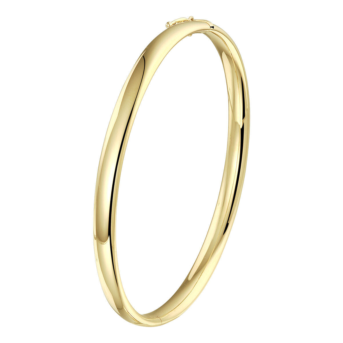 De Van der Kooij Collectie armband scharnier ovale buis 5,0 mm is een dames armband gemaakt van 14K geelgoud, met een gladde, gepolijste afwerking en minimalistisch design, afgebeeld tegen een effen witte achtergrond.