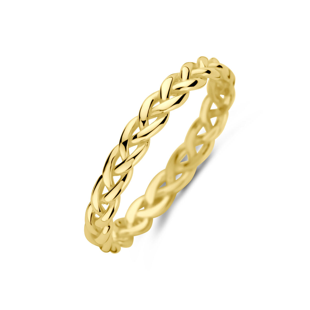 Ring schakel van 14K geelgoud met een gevlochten ontwerp en een glanzende afwerking.