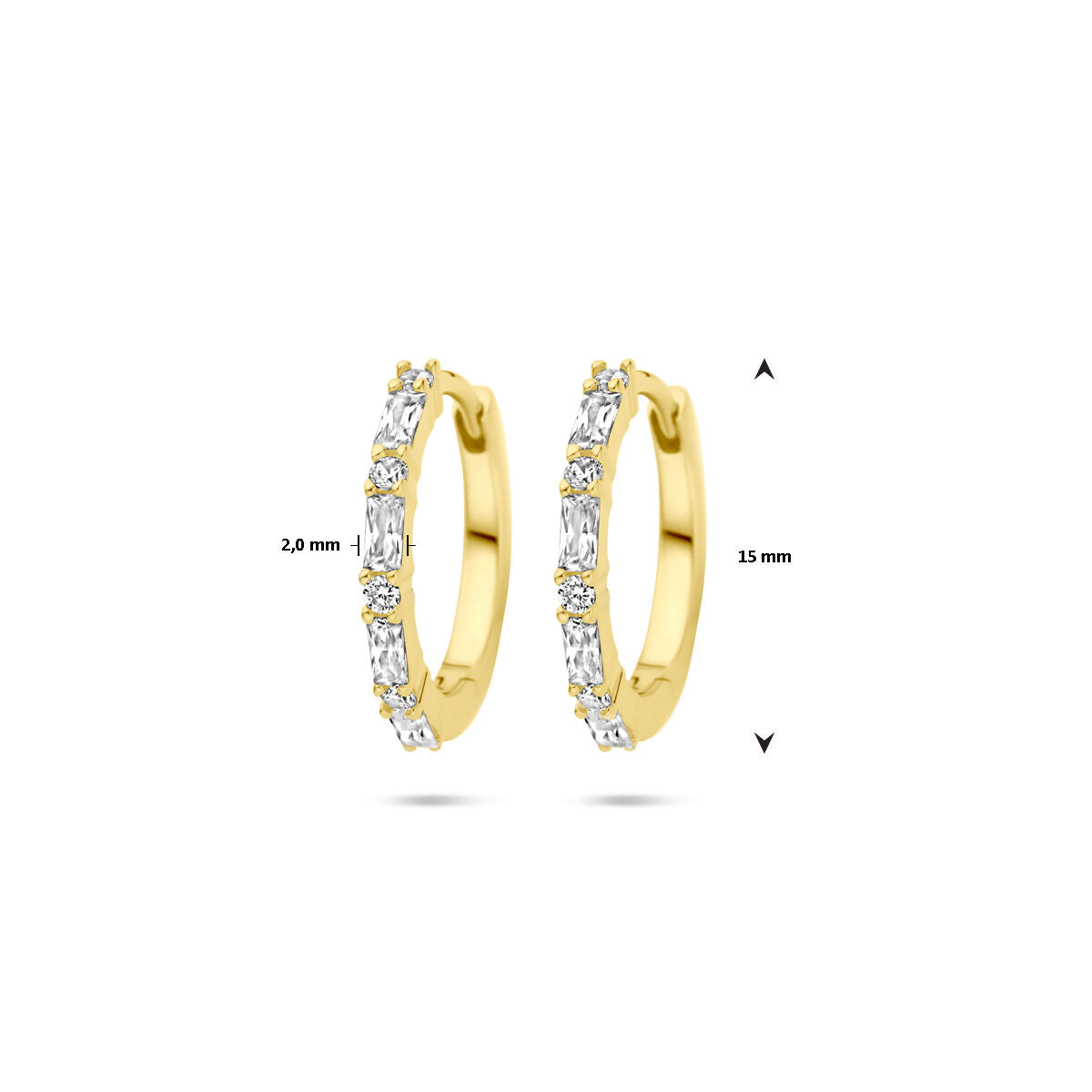 klapoorringen zirkonia 15 mm 1 micron zilver verguld (geel)