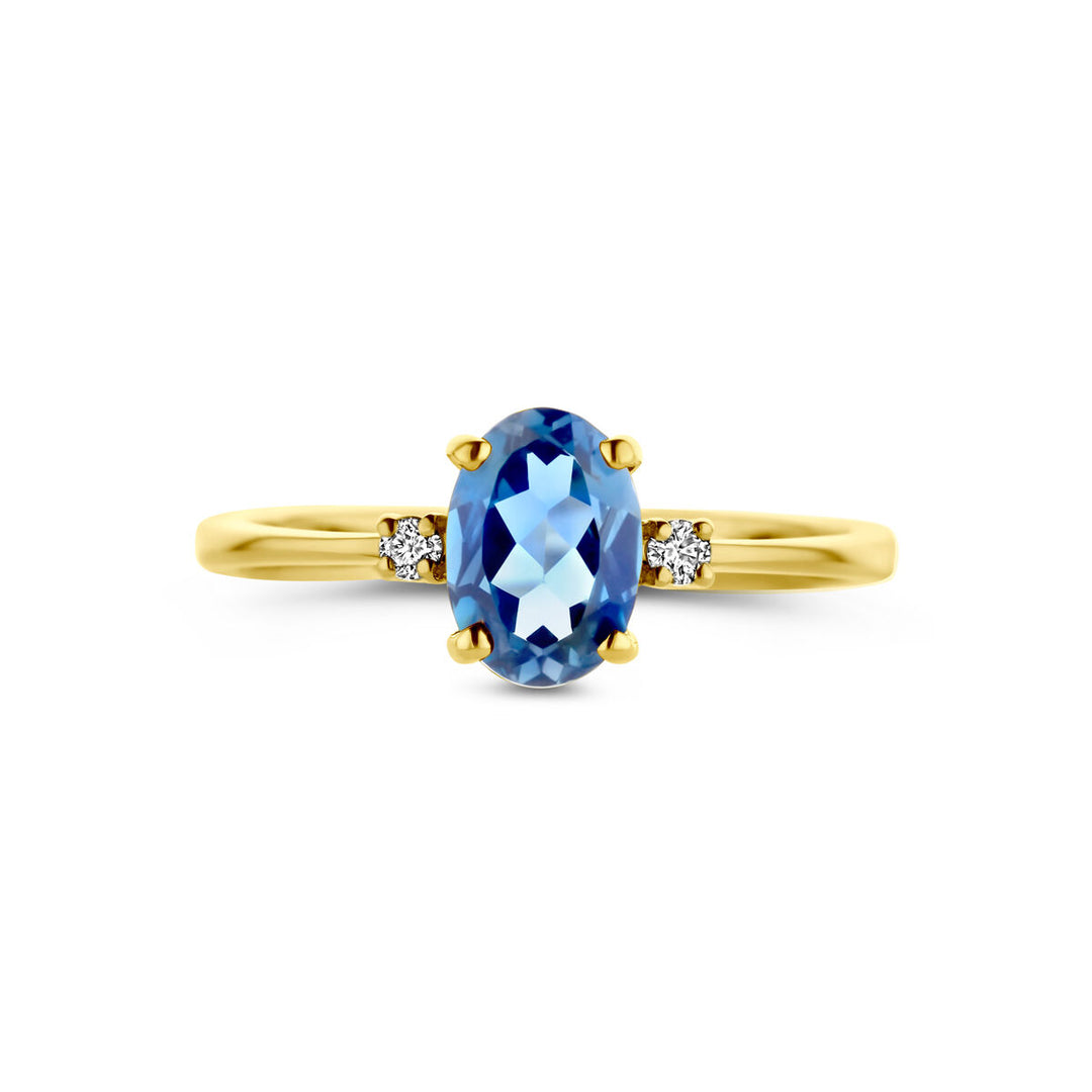 ring trilogie london blue topaas en diamant 0.04ct h si 14K geelgoud