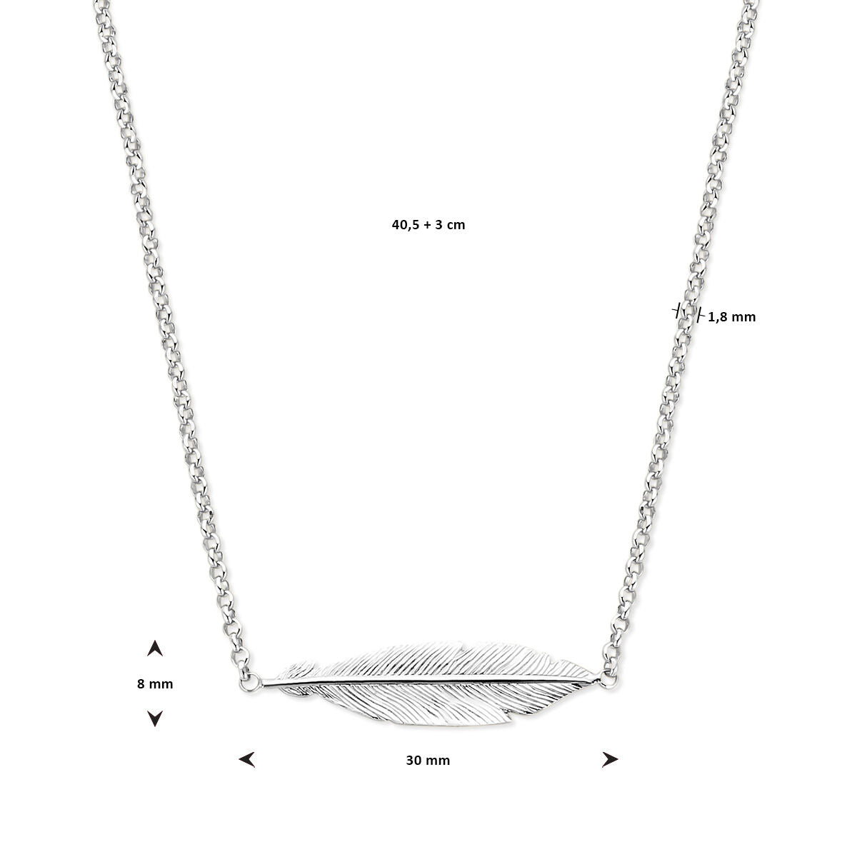 De Van der Kooij Collectie collier veer is een zilveren gegerhodineerd damessieraad met een veervormige hanger (30 x 8 x 1,8 mm) aan een ketting van 40,5 cm + 3 cm verlenging, getoond op een witte achtergrond.