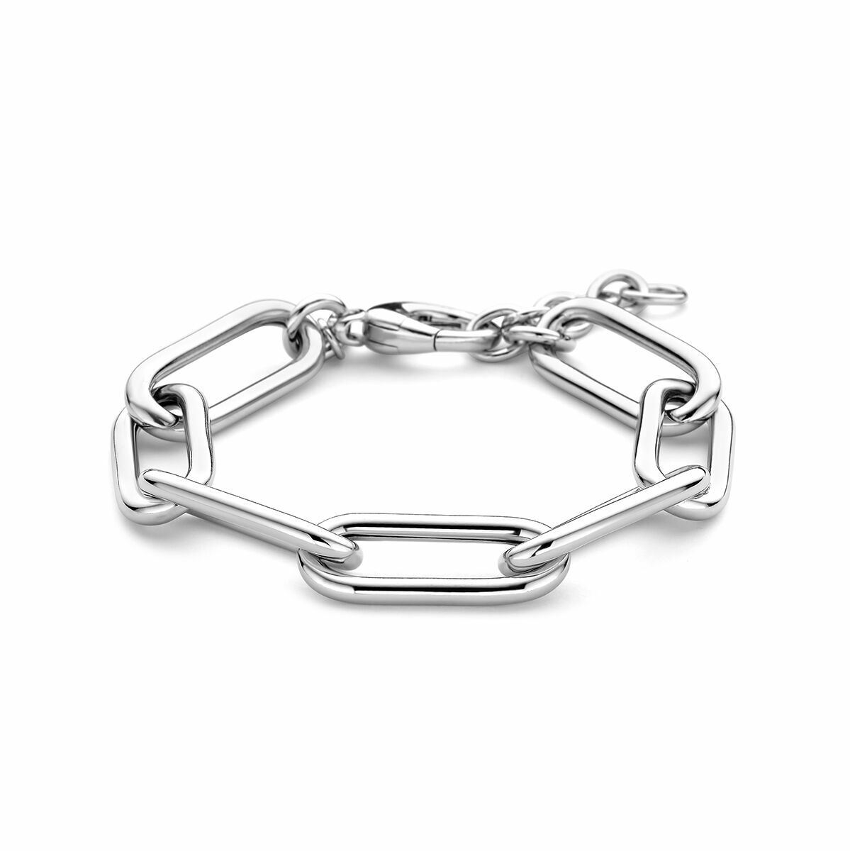 Zilveren gerhodineerde armband met paperclip schakels en een ronde buis van 11,5 mm, verstelbaar van 19 tot 22 cm.