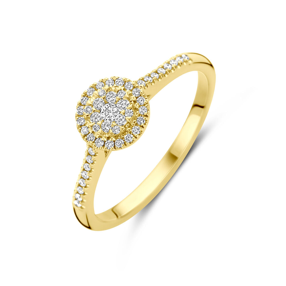 Ring van 14K geelgoud met een ronde diamantsetting en kleine diamanten aan de band.