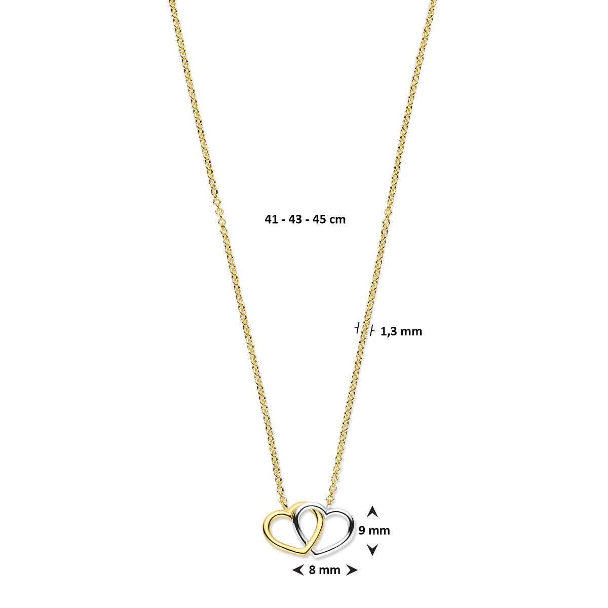 collier hartjes 41 - 43 - 45 cm 14K bicolor goud geel/wit