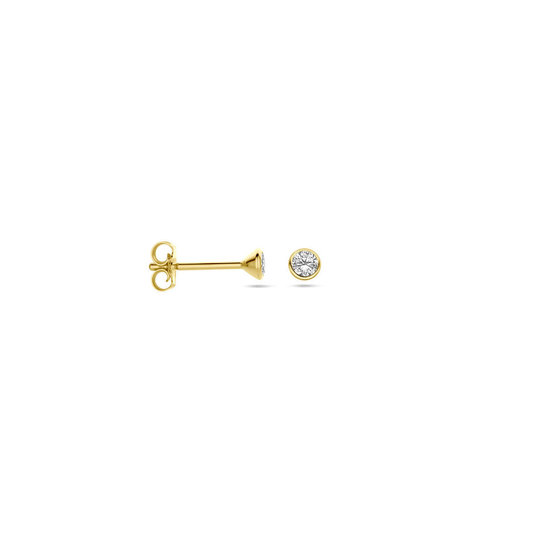 Van der Kooij Collectie oorknoppen zirkonia 14K geelgoud: kleine geelgouden studs met ronde briljant geslepen zirkonia in een rub-over zetting, getoond op een effen witte achtergrond.