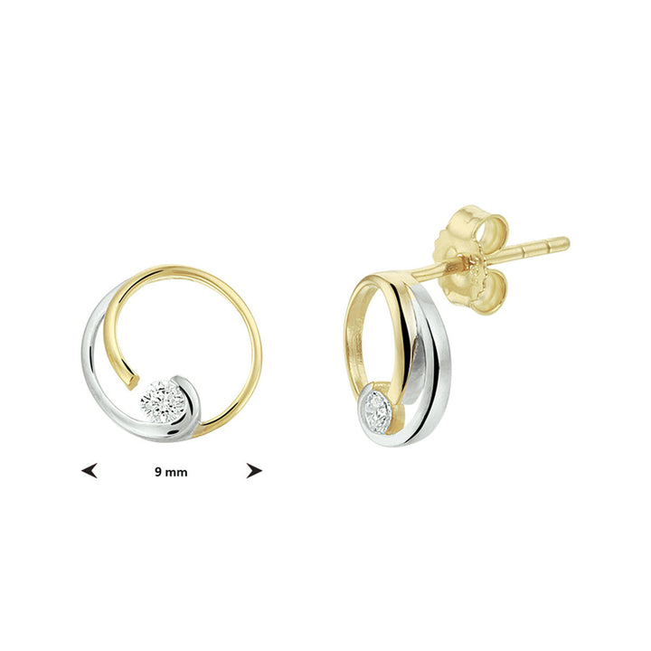 ear studs round zirconia bicolor stamped 14K yellow gold