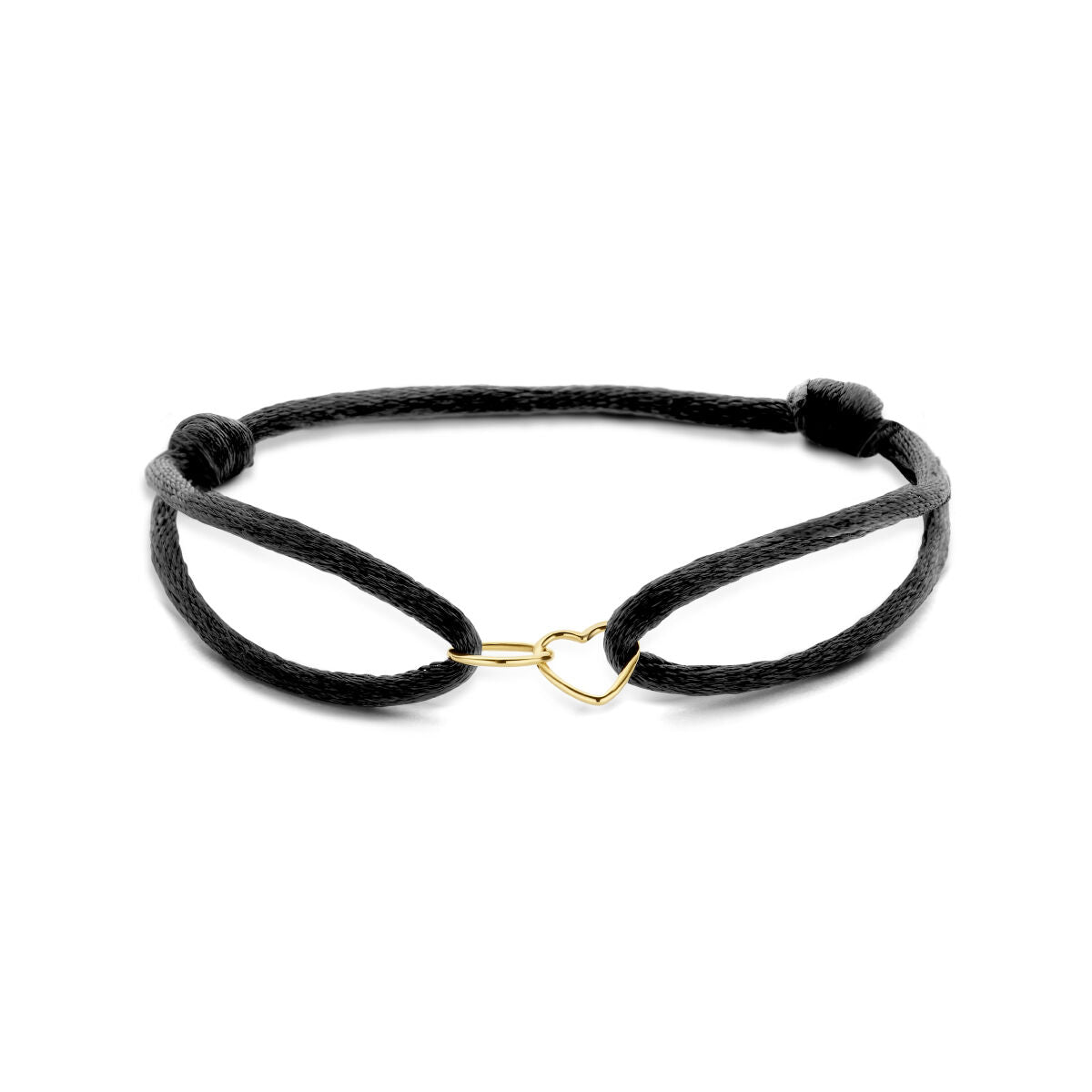 Armband van zwart satijn met een 14K gouden sluiting in de vorm van een hart en een rondje.