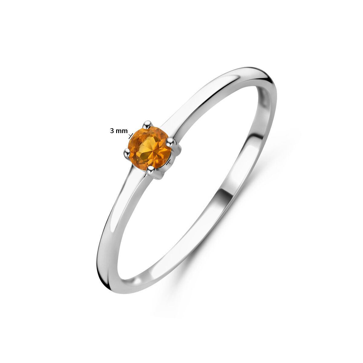 Van der Kooij Collectie ring met geboortesteen november: een gerhodineerde zilveren ring met een ronde citrien (3 mm) in vier pootjes, op een witte achtergrond.