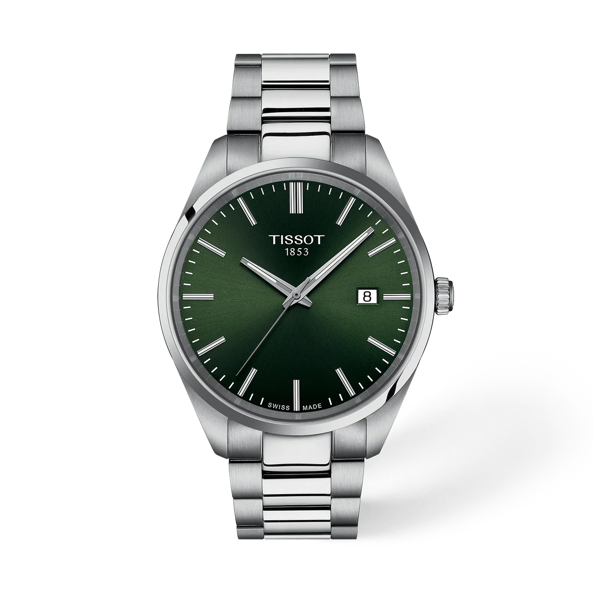 Stalen horloge met groene wijzerplaat, zilveren indexen en een datumaanduiding, voorzien van een schakelband.