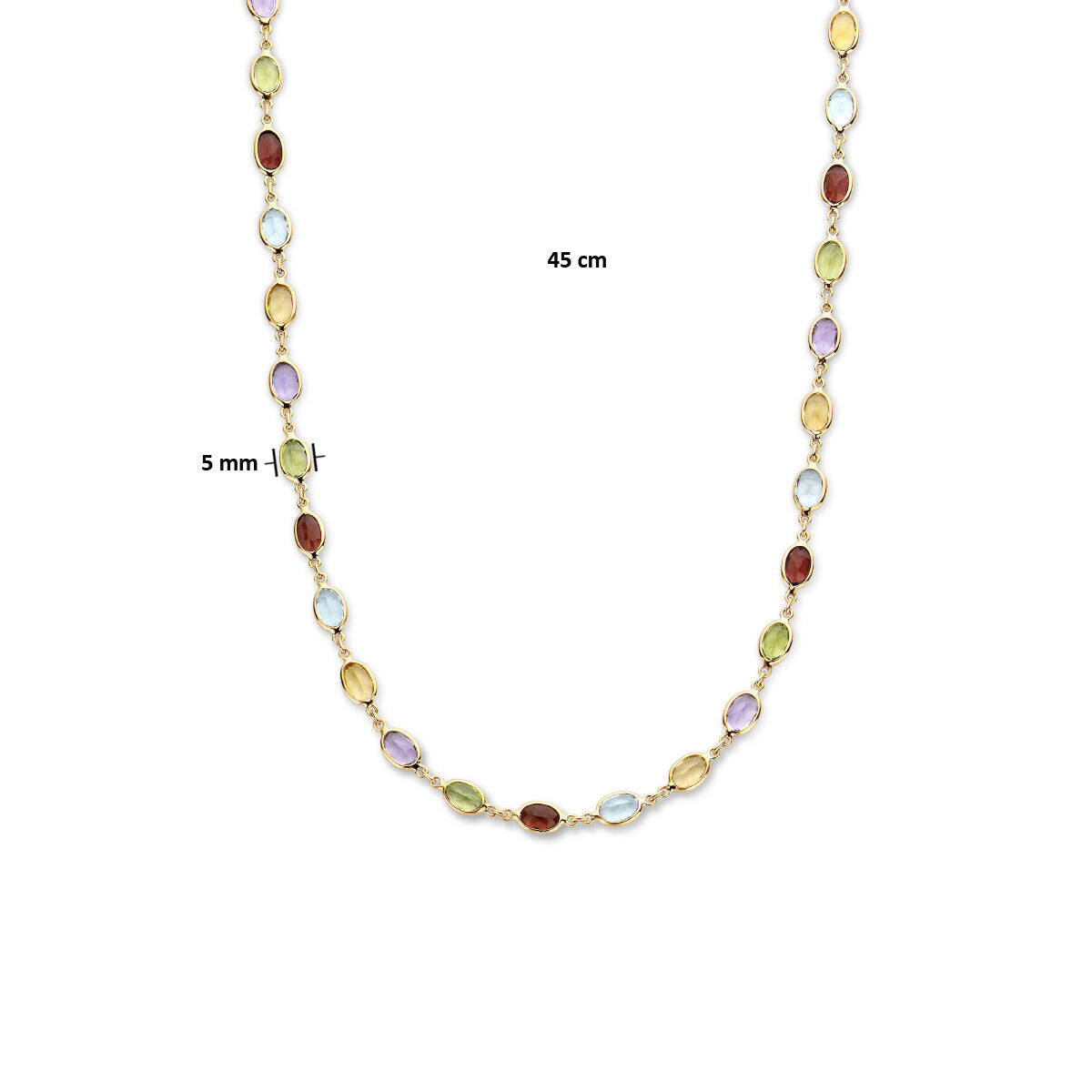 De Van der Kooij Collectie Gouden dames ketting natuurlijke kleurstenen 14K is een 45 cm geelgouden collier met luxe uitstraling, voorzien van ovale edelstenen van 5 mm in groen, rood, paars, geel en blauw.