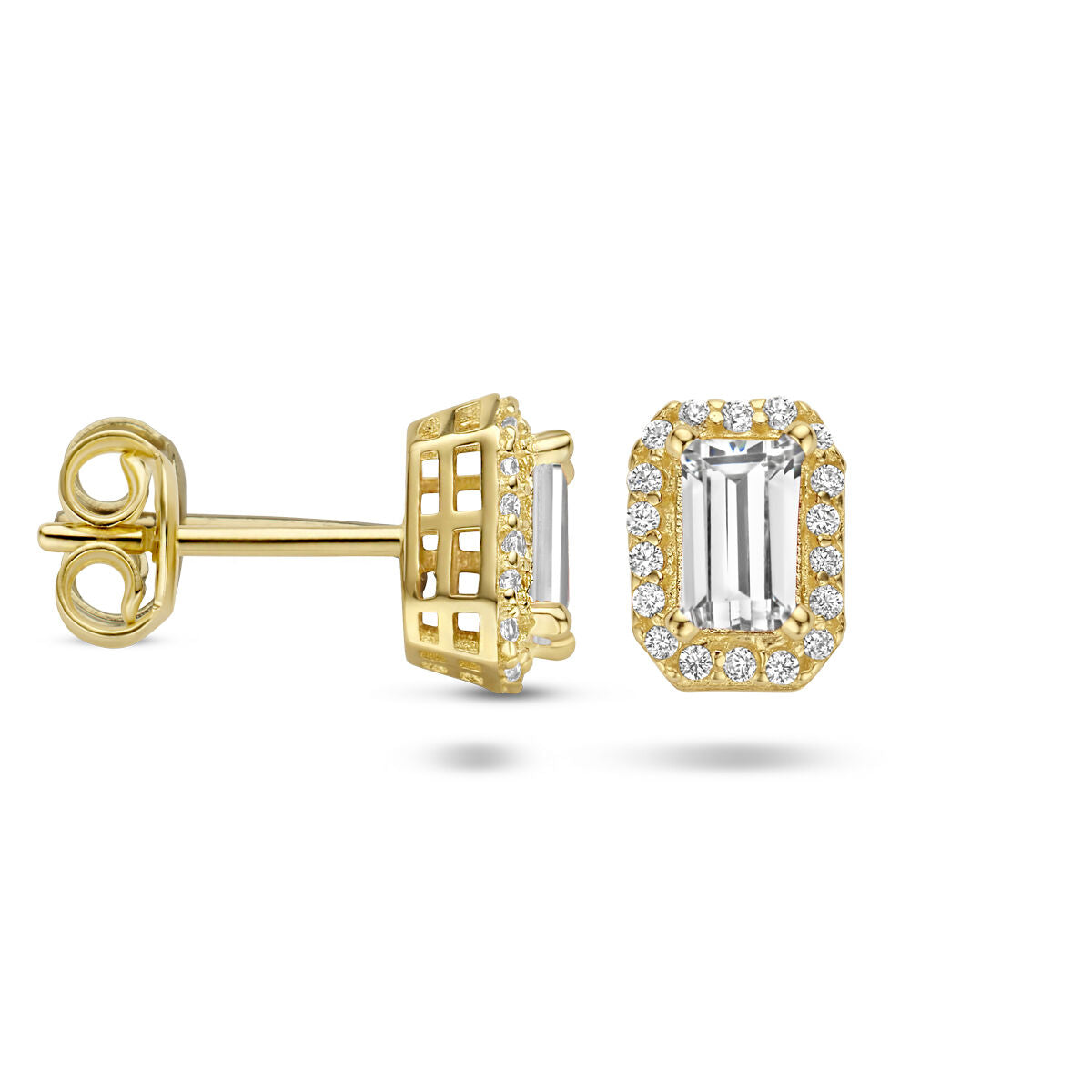 oorknoppen zirkonia halo 14K geelgoud