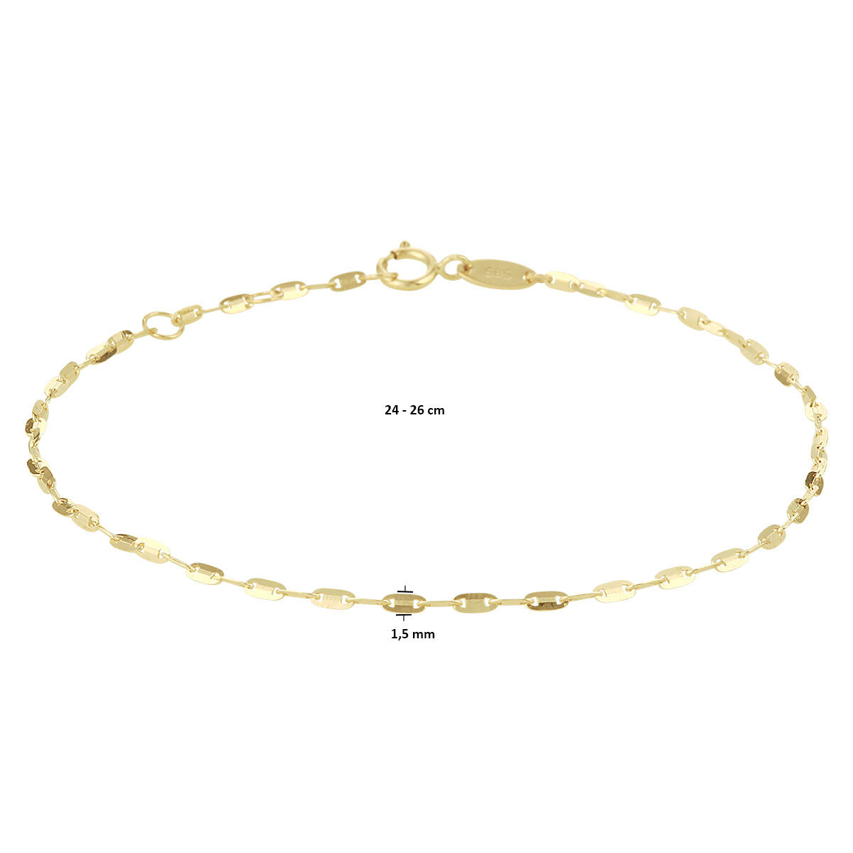Het Van der Kooij Collectie enkelbandje plaatjes 1,5 mm is gemaakt van 14K geelgoud, heeft ovale schakels, een verstelbare lengte van 24-26 cm en een kleine ronde sluiting met ovale tag.