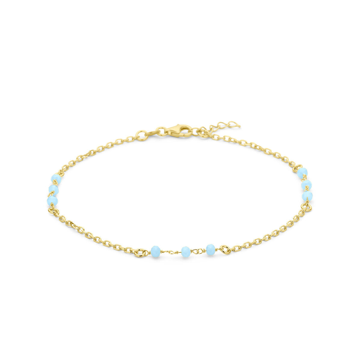 Blauw kristallen enkelbandje met bolletjes, 24 + 2 cm, verguld zilver in geel.