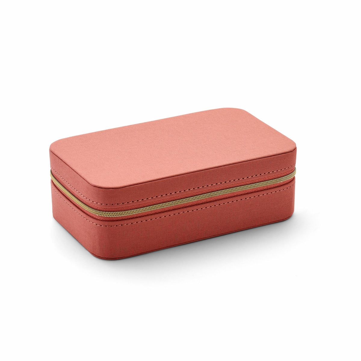 Luxe sieraden doos in zacht perzikkleurig fluweel met gouden rits en een strakke, rechthoekige vorm.