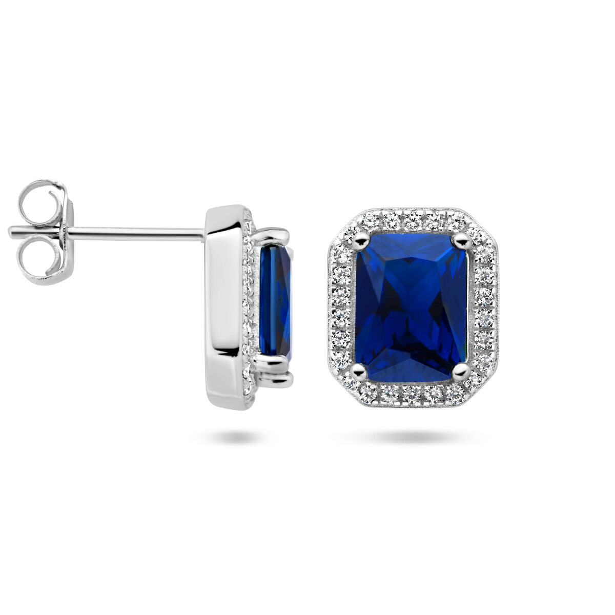 oorknoppen blauw en wit zirkonia halo zilver gerhodineerd