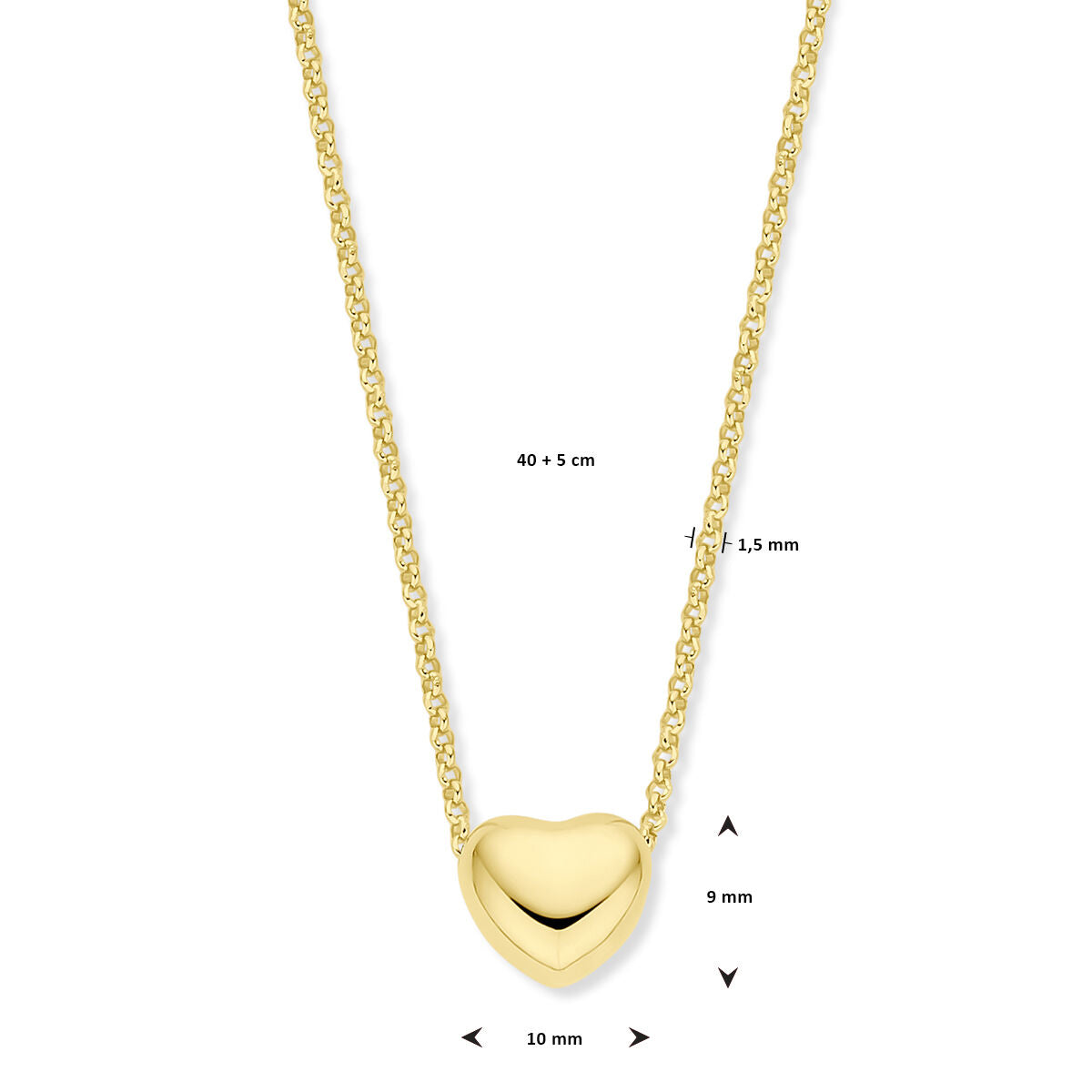 necklace heart 1.5 mm 40 + 5 cm 3 micron silver gold plated (yellow)