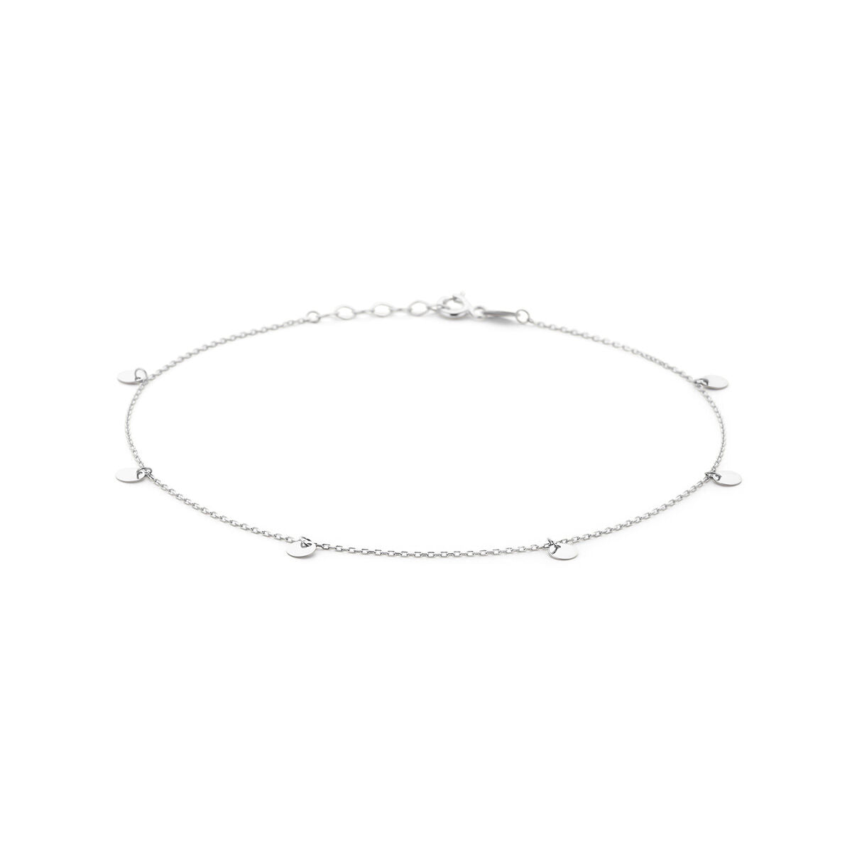 Zilveren enkelbandje met ronde schijfjes, 1,0 mm dik, gerhodineerd, lengte 24 + 2 cm.
