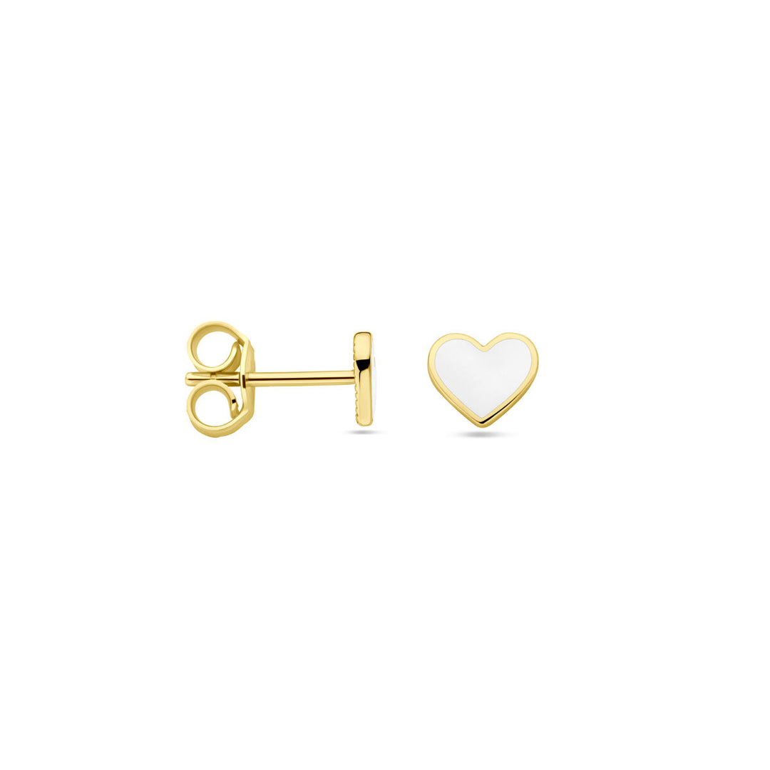 ear studs heart white enamel 14K yellow gold