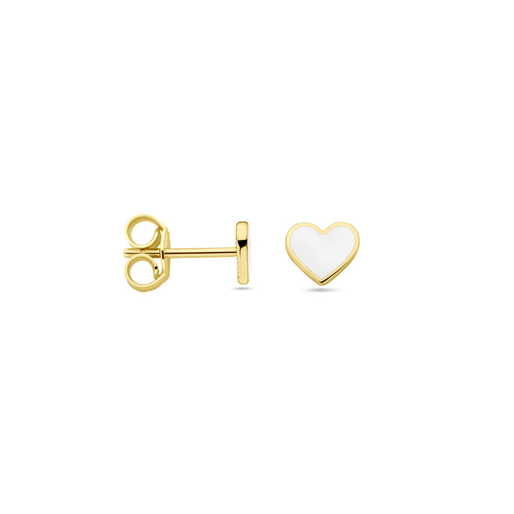 ear studs heart white enamel 14K yellow gold