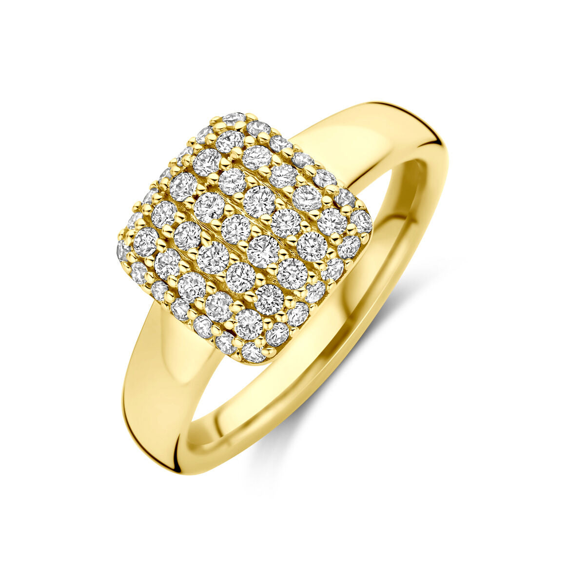 Geelgouden damesring met een vierkante bovenkant bezet met 0.50ct lab grown diamanten.