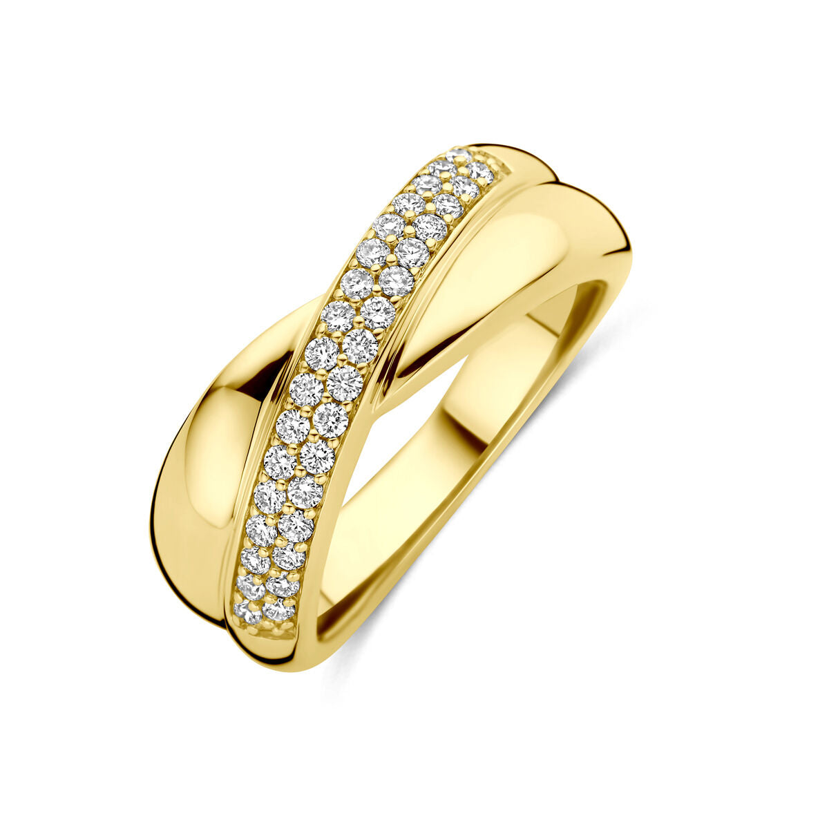 Geelgouden damesring met een golvende vorm en bezet met kleine lab grown diamanten.