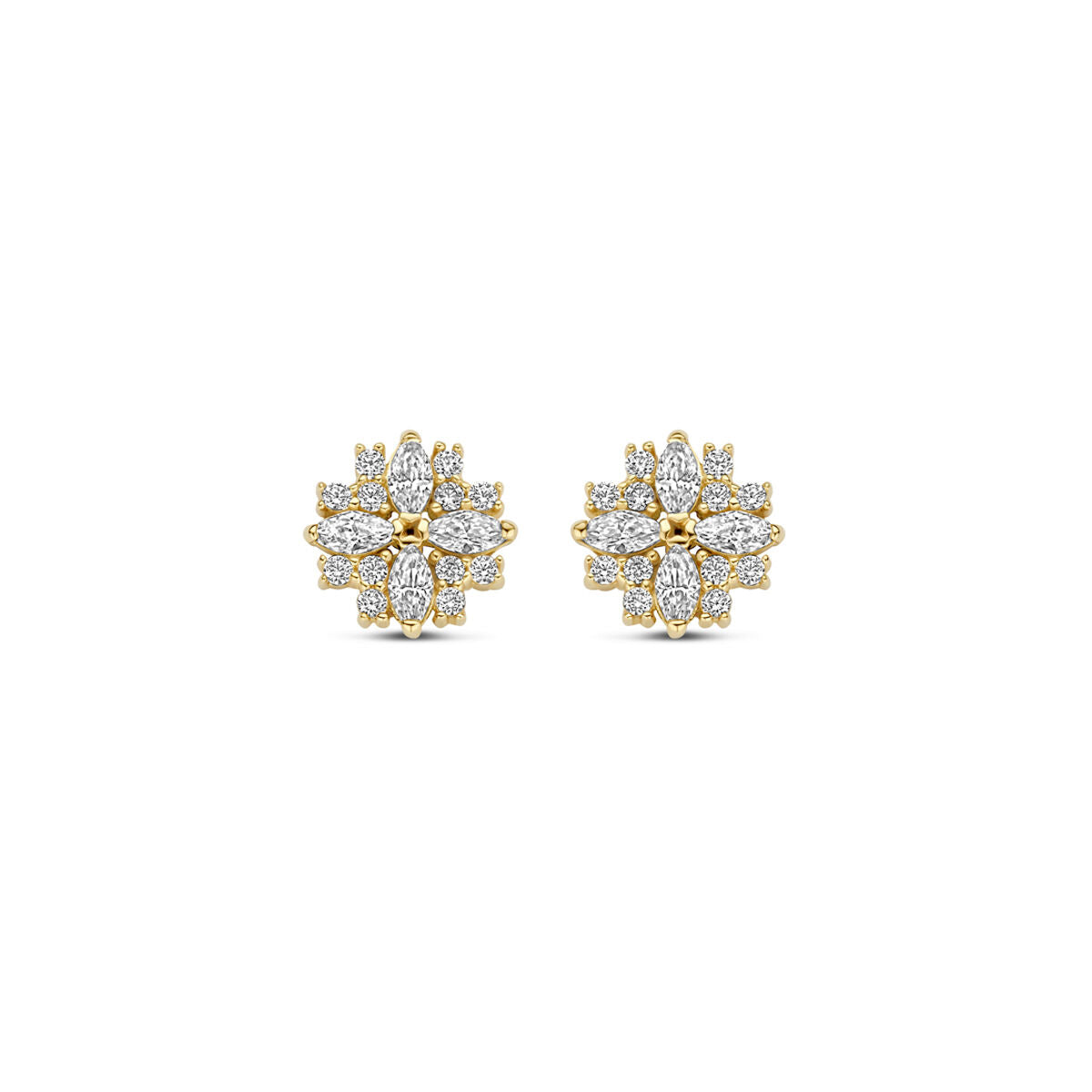 Oorknoppen van 14K geelgoud met zirkonia in bloemvorm, diameter 7 mm.