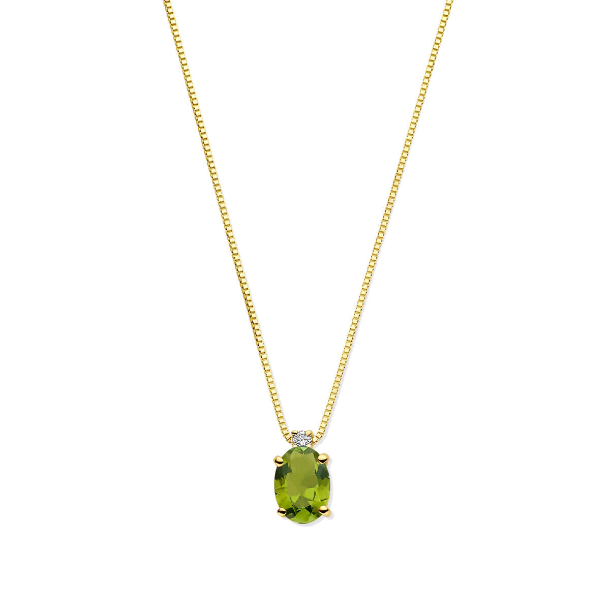Van der Kooij Collectie collier: 14k geelgoud, met ovale groene toermalijn hanger en een ronde diamant (0,02ct H SI). Lengte verstelbaar: 40-44 cm.