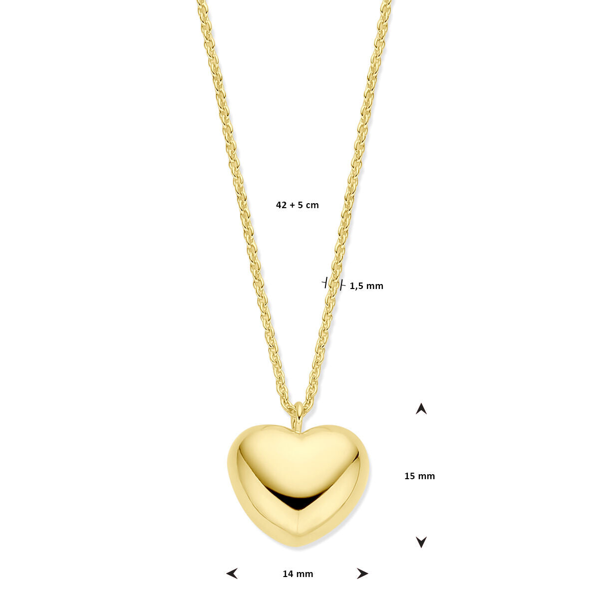 necklace heart 1.5 mm 42 + 5 cm 3 micron silver gold plated (yellow)