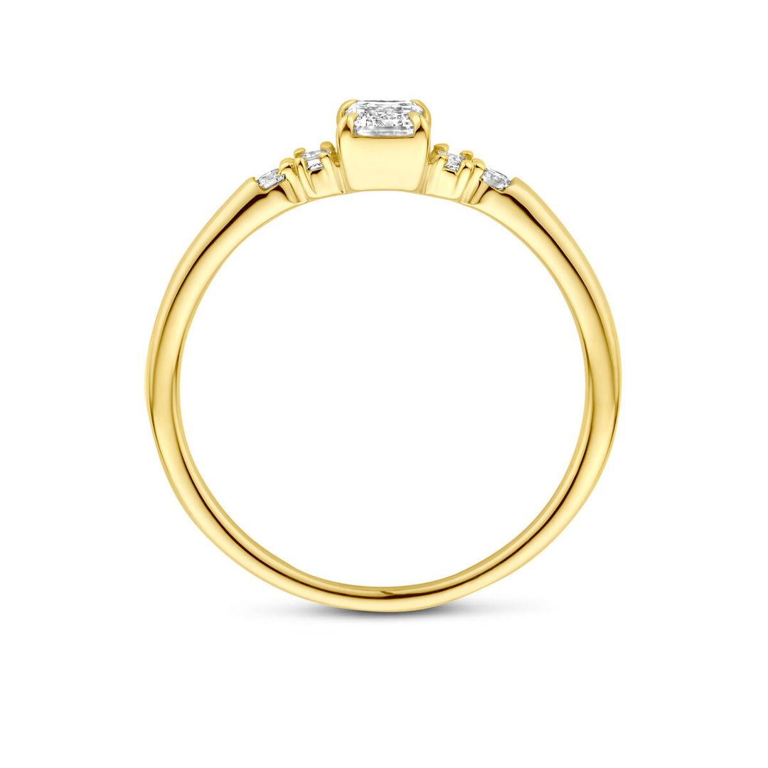 De Van der Kooij Collectie ring lab grown diamant 0.40ct h si in 14K geelgoud is een damesring met een rechthoekige lab grown diamant als middelpunt, geflankeerd door twee kleine ronde diamanten per zijde, zijaanzicht op witte achtergrond.