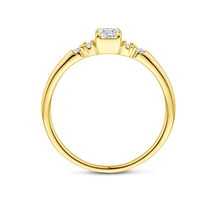 De Van der Kooij Collectie ring lab grown diamant 0.40ct h si in 14K geelgoud is een damesring met een rechthoekige lab grown diamant als middelpunt, geflankeerd door twee kleine ronde diamanten per zijde, zijaanzicht op witte achtergrond.