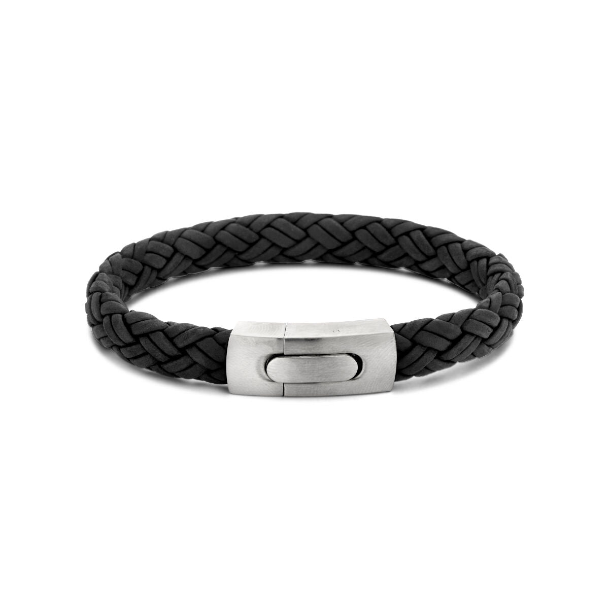 Zwarte leren armband van 10 mm met een edelstalen sluiting en gevlochten design.