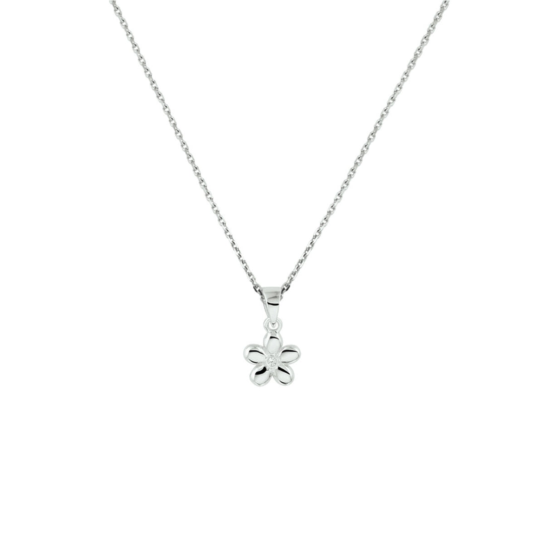 De Van der Kooij Collectie collier bloem 1,1 mm 36 + 4 cm zilver gerhodineerd heeft een delicate opengewerkte bloemenhanger en wordt elegant gepresenteerd op een effen witte achtergrond.