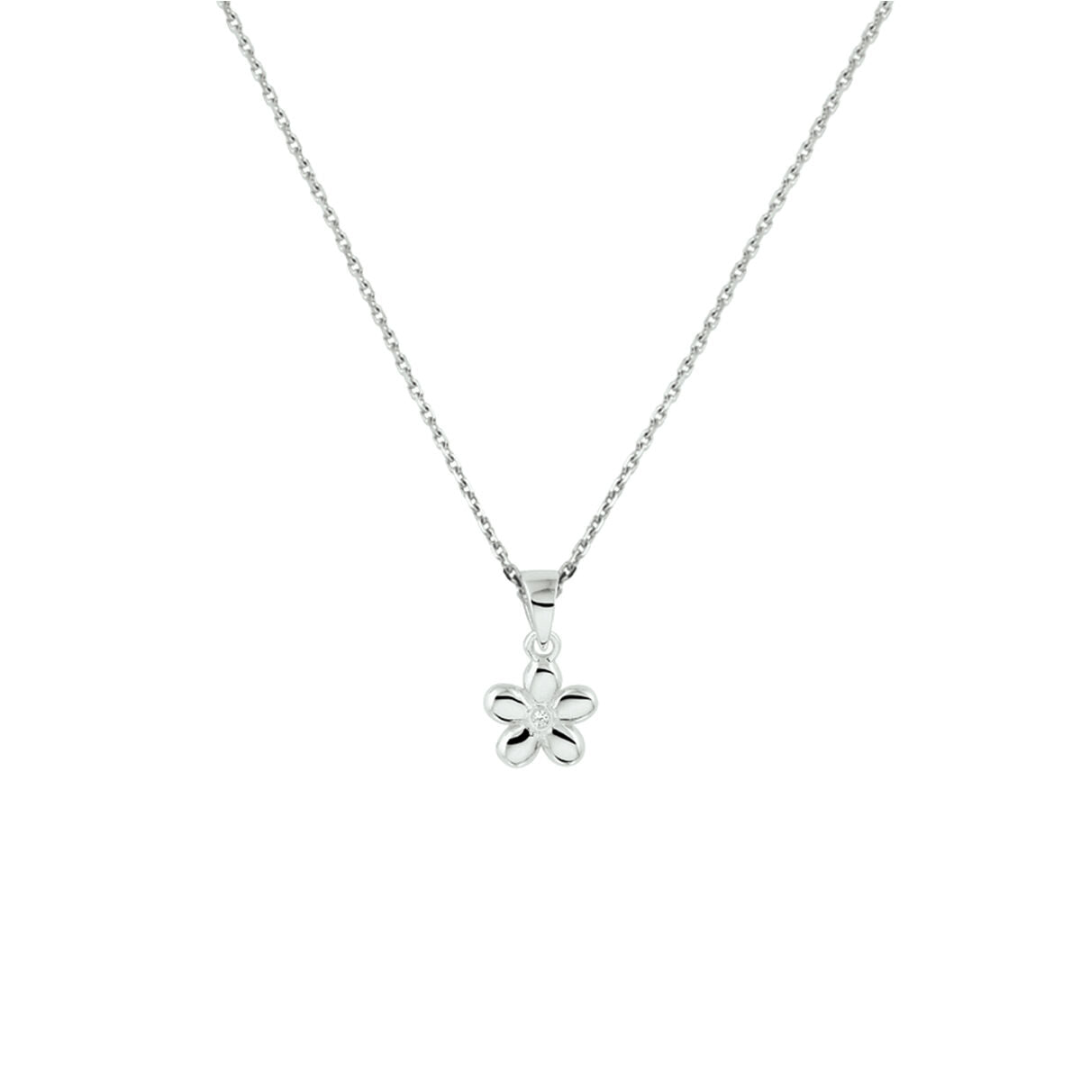 De Van der Kooij Collectie collier bloem 1,1 mm 36 + 4 cm zilver gerhodineerd heeft een delicate opengewerkte bloemenhanger en wordt elegant gepresenteerd op een effen witte achtergrond.