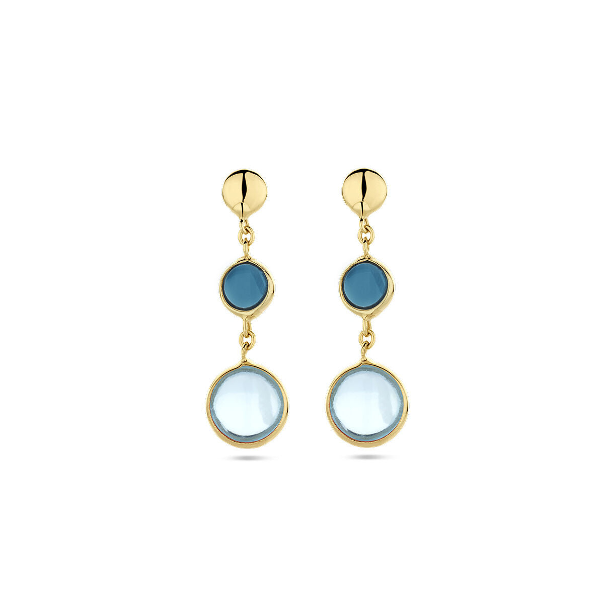 Oorhangers van 14K geelgoud met een bovenste blauwe topaas en een onderste london blue topaas.