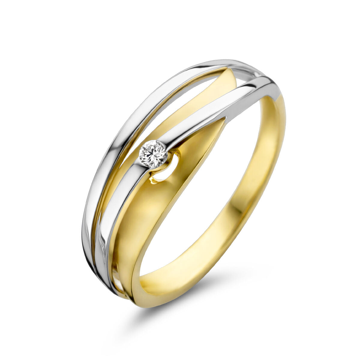 Een Van der Kooij Collectie ring diamant 0.04ct H SI in 14K bicolor goud geel/wit, met kruisende gele en witte banden en een kleine ronde diamant, gepresenteerd op een witte achtergrond.