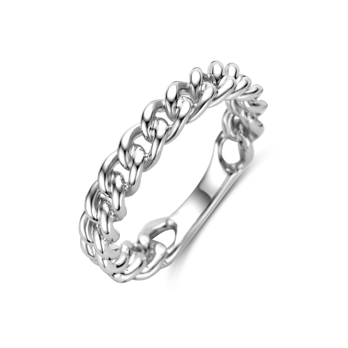 De ring schakel zilver gerhodineerd van Van der Kooij Collectie is een 925 zilveren ring met open schakelmotief, glanzend gepolijste afwerking en tijdloze elegantie.