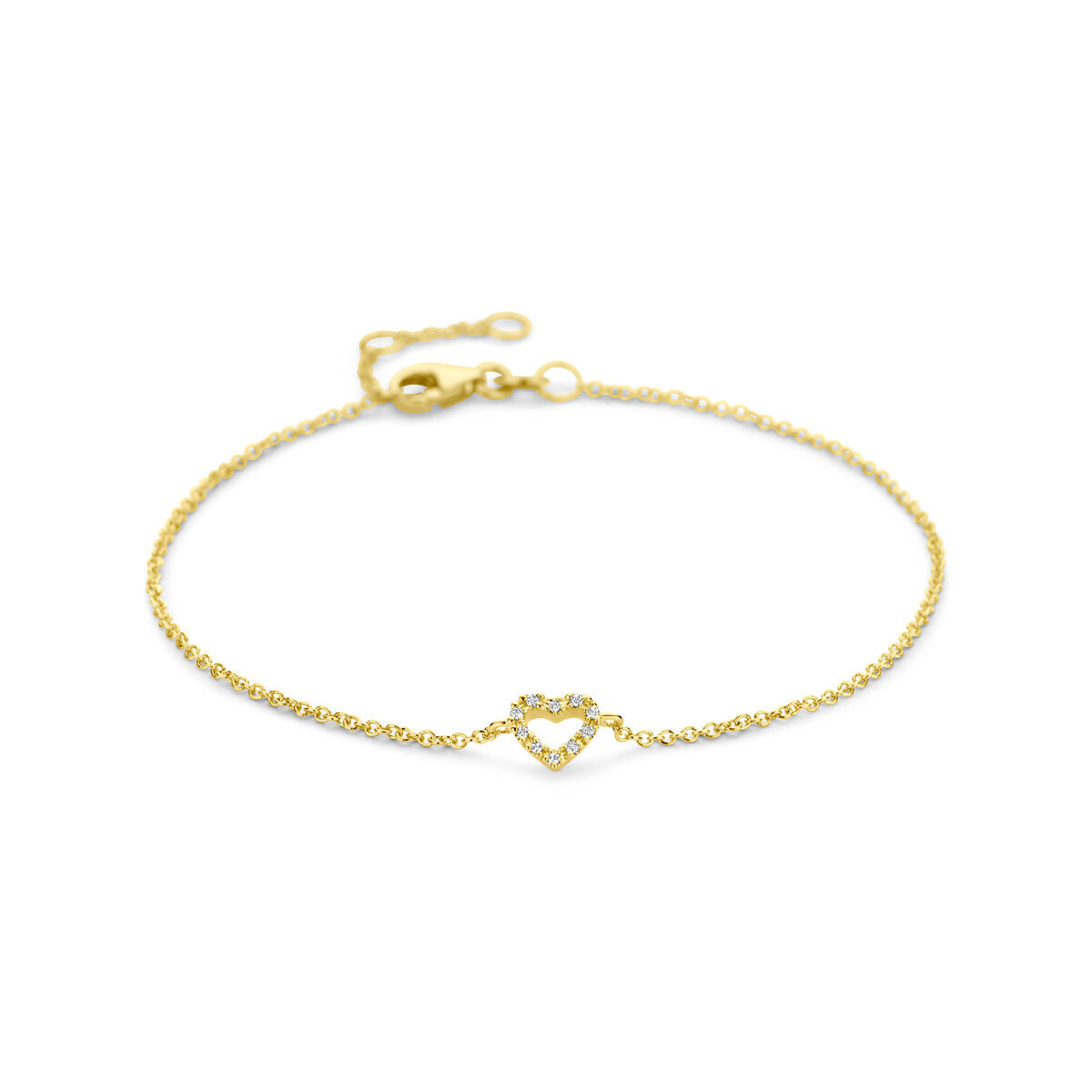 Gouden armband met hartvormige hanger en diamantjes, 14K, fijne schakelketting.
