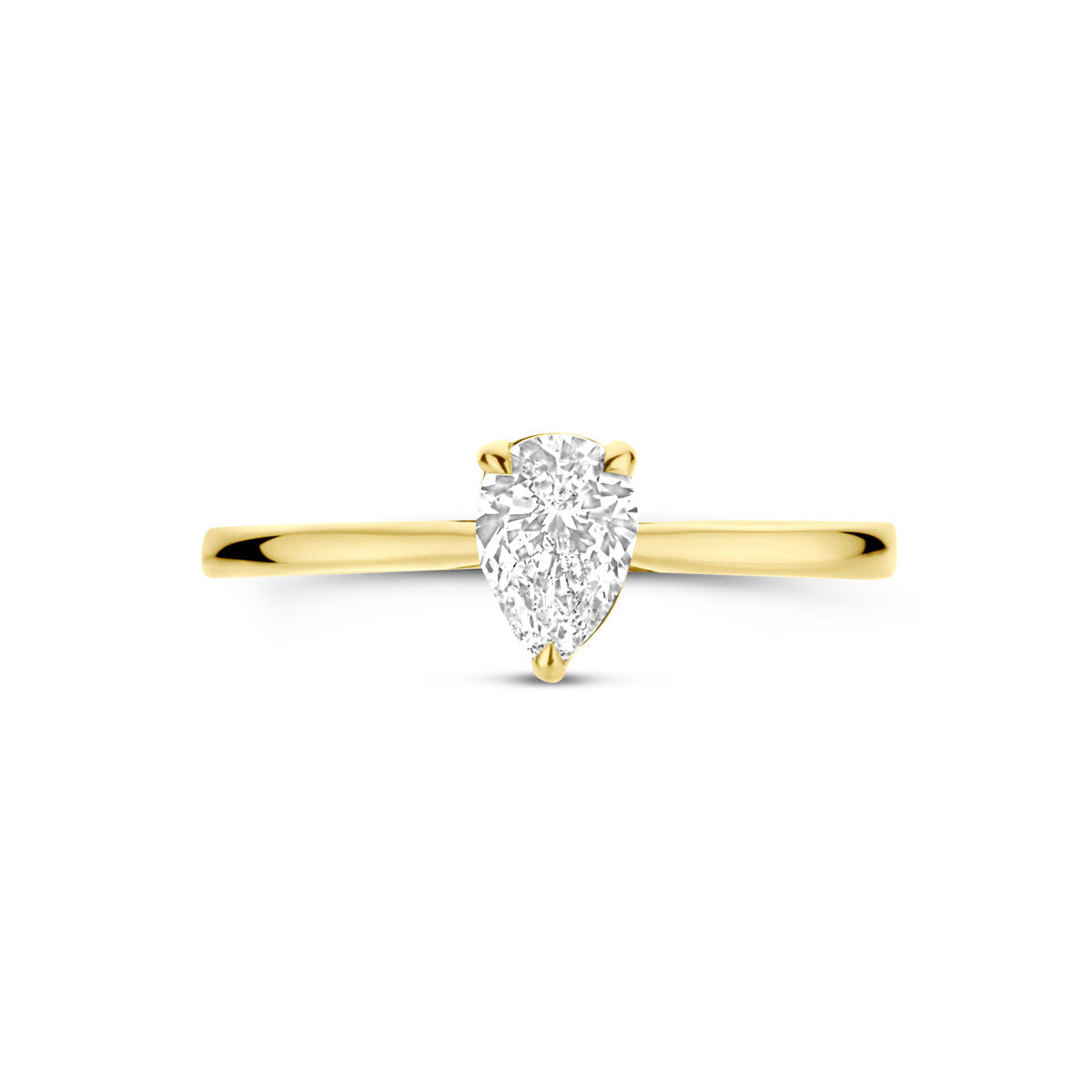 De Van der Kooij Collectie ring lab grown diamant 0.50ct H SI in 14K geelgoud is een damesring met peer geslepen solitaire, elegant gepresenteerd tegen een effen witte achtergrond.