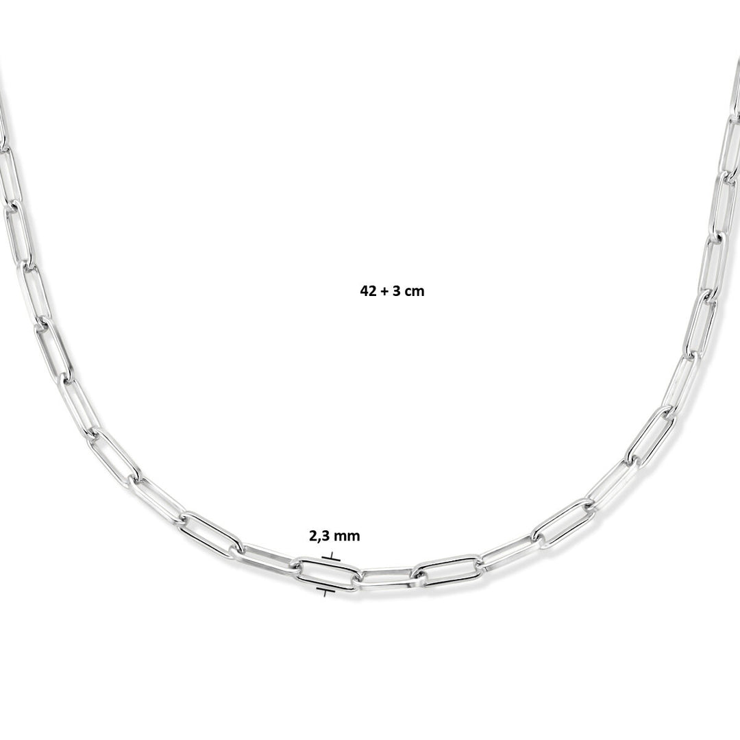 collier paperclip platte buis 2,3 mm 42 + 3 cm zilver gerhodineerd