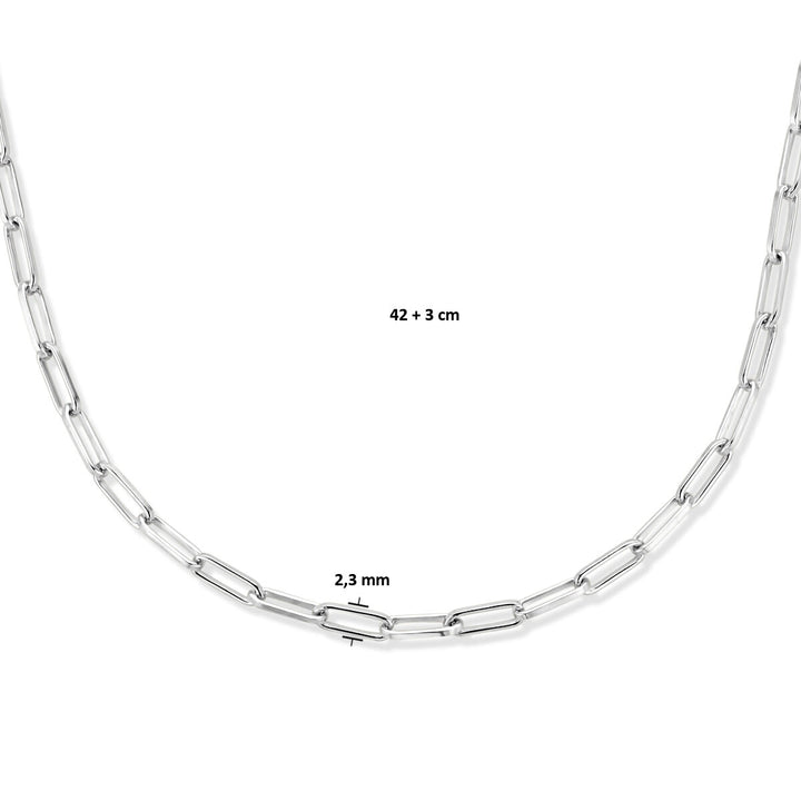 collier paperclip platte buis 2,3 mm 42 + 3 cm zilver gerhodineerd