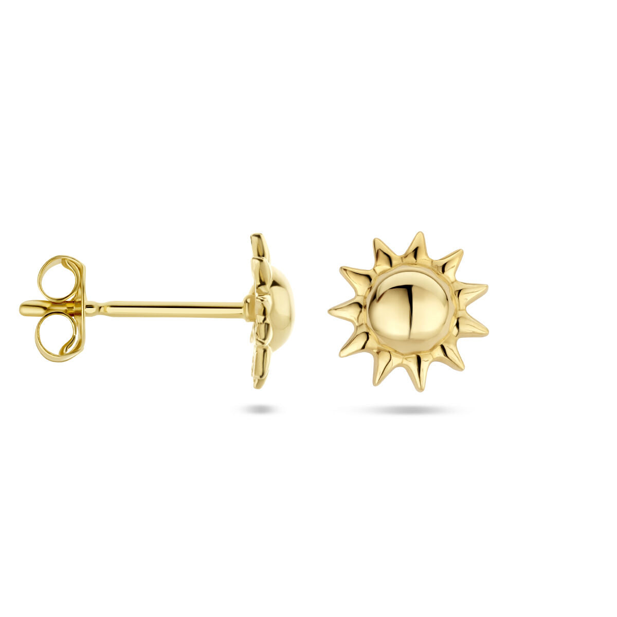 Een paar Van der Kooij Collectie oorknoppen zon 14K geelgoud, in de vorm van gestileerde zonnen met puntige stralen, is afgebeeld van voren en opzij tegen een witte achtergrond.