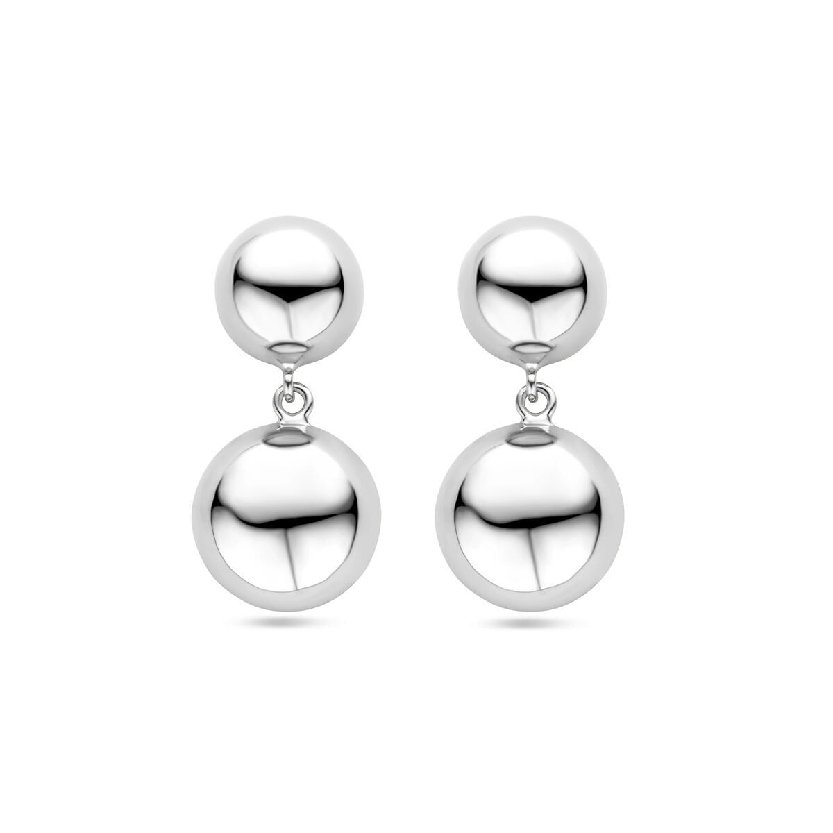 Zilveren gerhodineerde oorhangers met een halfbolvorm, 31 mm groot, met een dubbele bolstructuur.